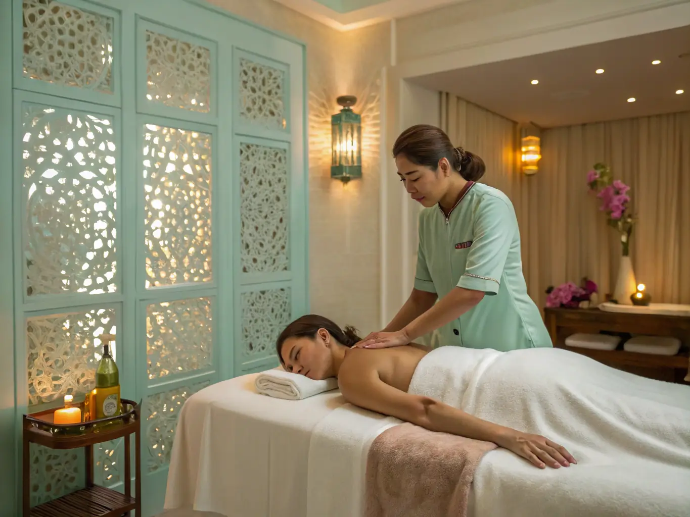 An image of a client lying comfortably on a mat, receiving a gentle head massage as part of a Thai herbal compress treatment.