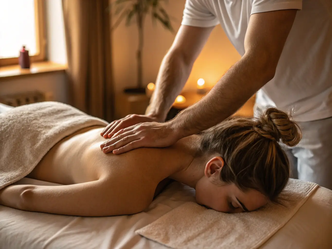 A close-up shot of a therapist's hands applying pressure to specific points on a client's back during a Thai acupressure massage.