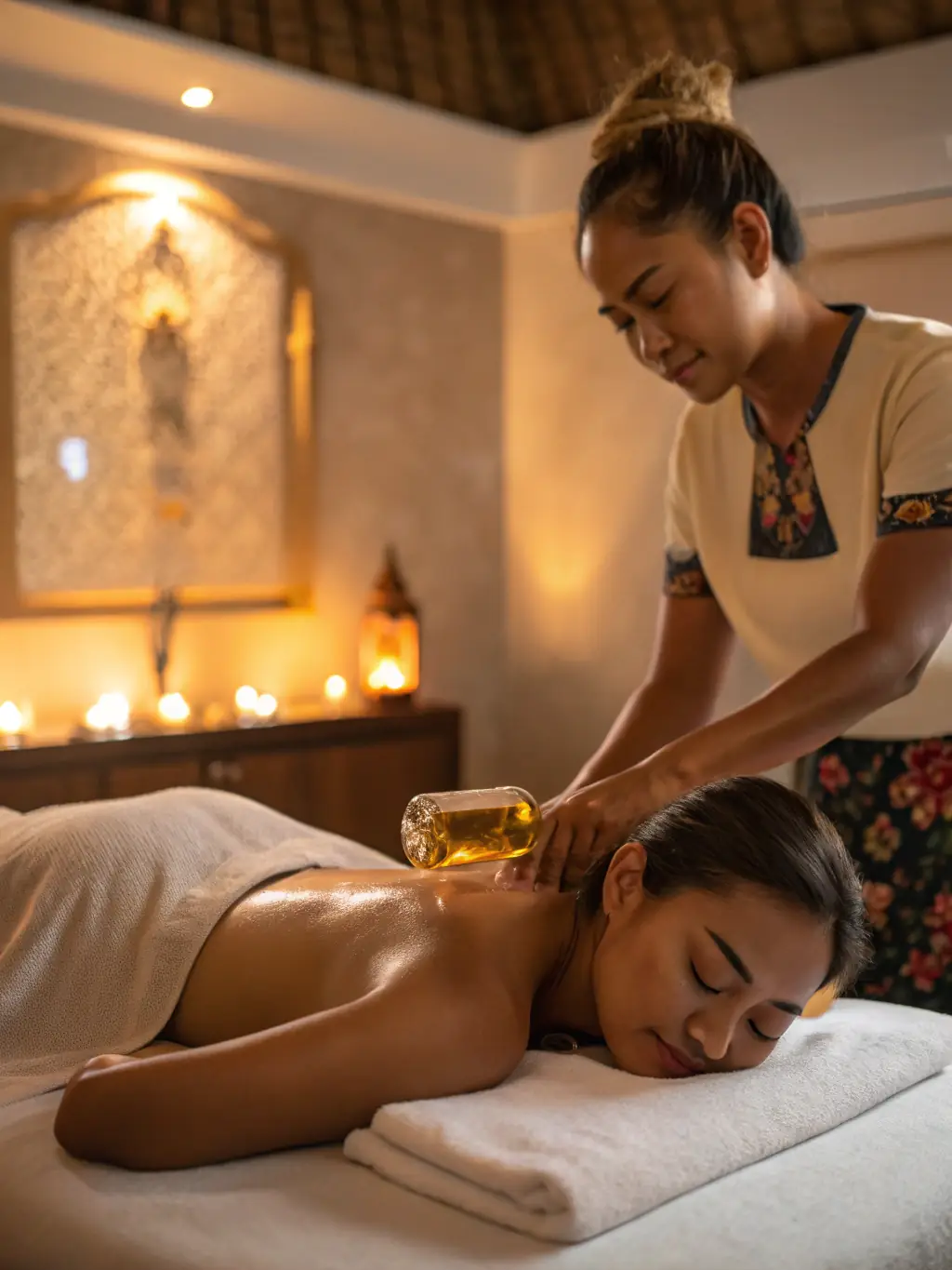 A close-up shot of a therapist applying aromatherapy oils during a massage session, highlighting the use of natural scents for relaxation at LotusWellness.co.nz.